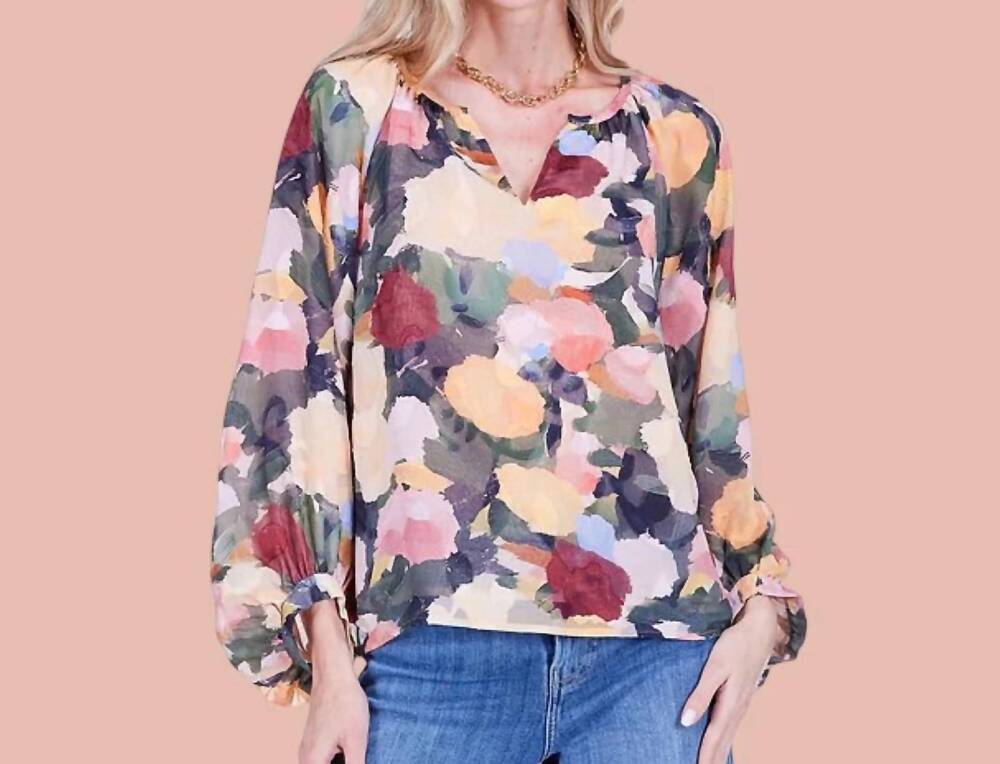 NEW JOY JOY painterly bishop sleeve blouse in bloom multicolor